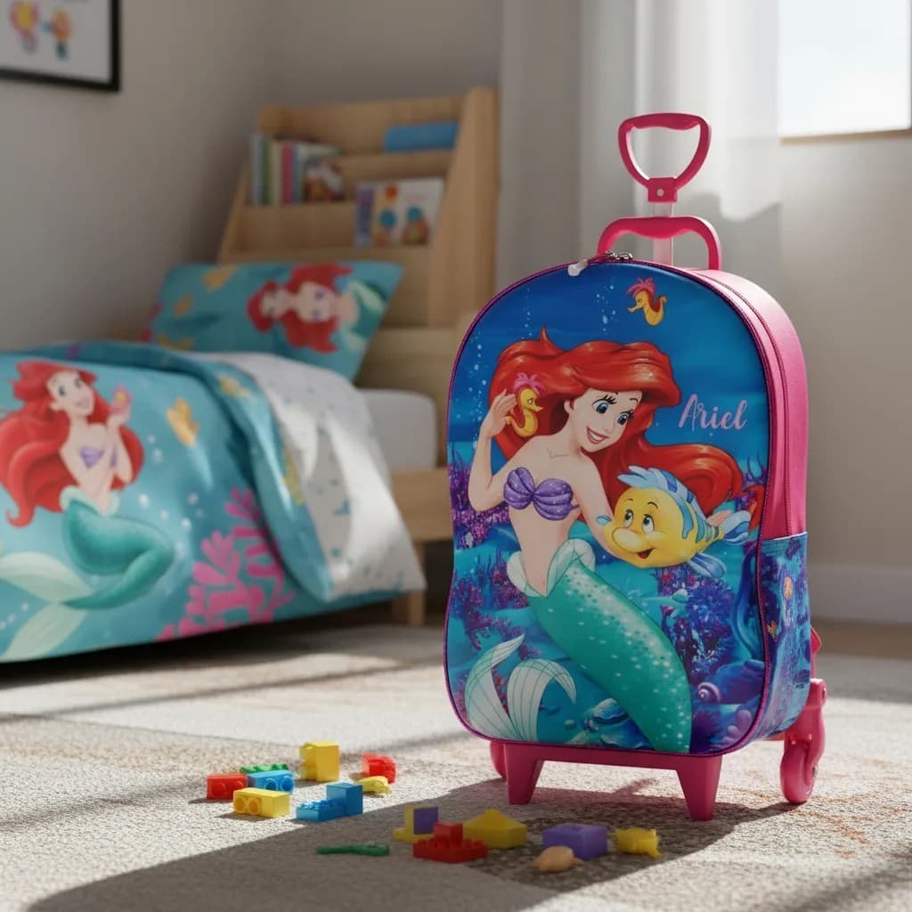 Mala Infantil Pequena Rodinhas Estampada Sereia Verde Carrinho Escolar Viagem