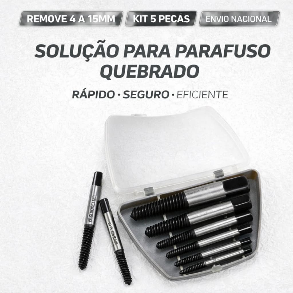 Kit Extrator de Parafuso Quebrado e Espanado 5 Peças 3–18mm Aço HSS Profissional