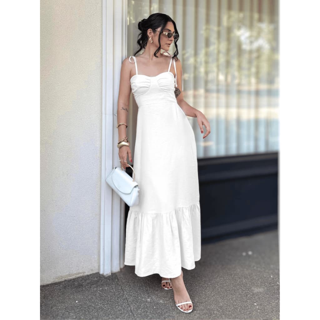 Vestido Longo Festa Elegante Busto Franzido e Alcinha Amarração Babado e Lastex nas Costas Tecido Premium Casual