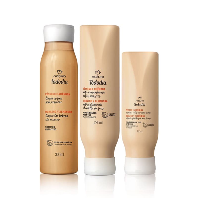 Kit Shampoo + Condicionador + Creme para Pentear Natura Tododia Pêssego e Amêndoas Original
