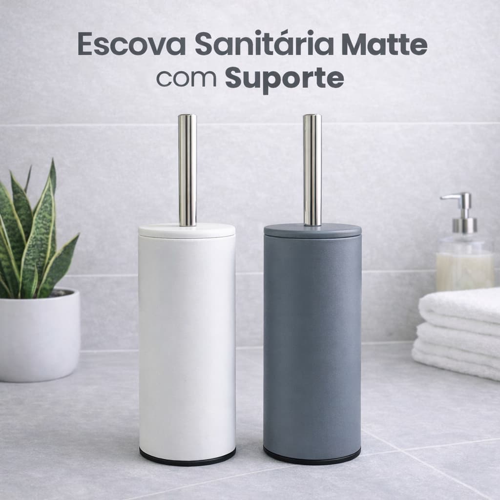 Escova Sanitária com Suporte e Tampa | Cabo em Aço Inox | Escova para Vaso Banheiro | Design Moderno