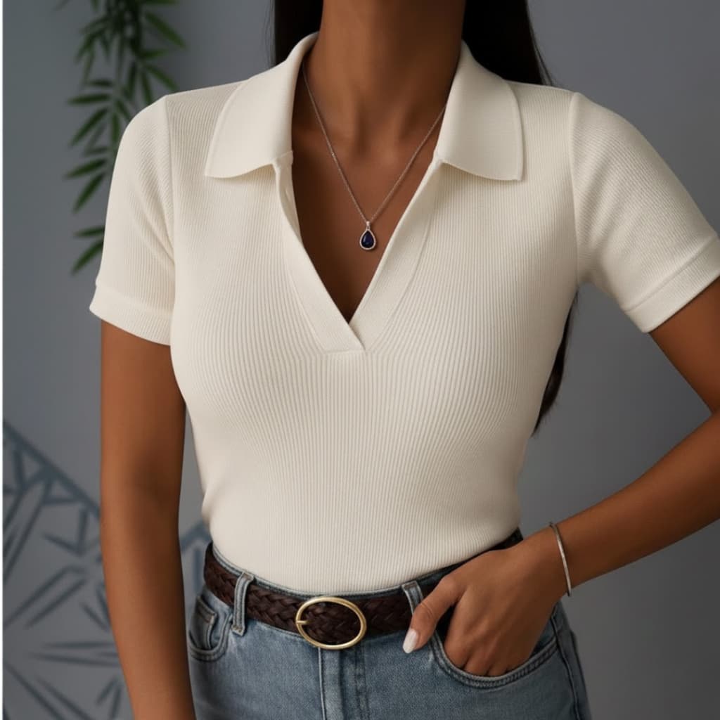 Blusa Feminina Gola Polo Tecido 100% Algodão Canelado Premium Ribana