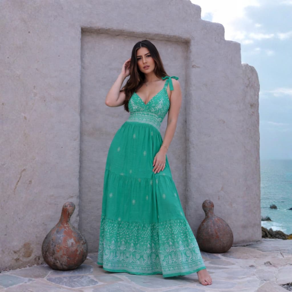 Vestido Longo Feminino Estampado com Bojo e Alça ajustável Moda Verão Elegante