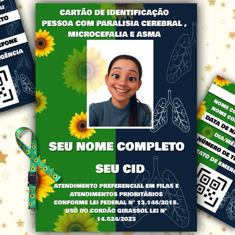 kit Cordão + Crachá + Carteirinha PESSOA COM PARALISIA CEREBRAL , MICROCEFALIA E ASMA COM QR CODEA