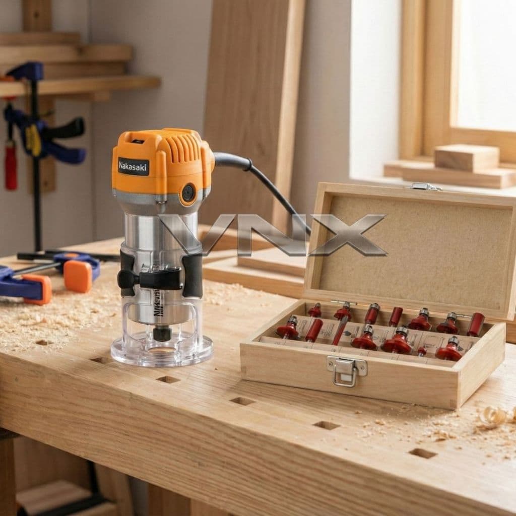 Kit Tupia Laminadora Portátil + Jogo de Fresas 6mm com 15 Peças Com Estojo em Madeira