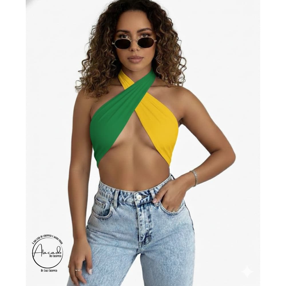 Blusinha Cropped Transpassado Cruzado Brasilcore Feminino Copa do Mundo
