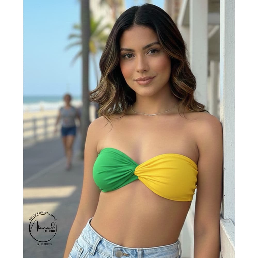Blusinha Cropped Brasilcore Tomara que Caia Top faixa Com Nó Copa do Mundo