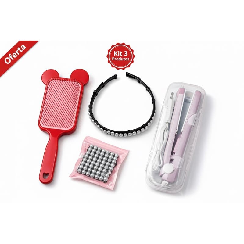 Kit Cabelo Perfeito Feminino - Mini Chapinha + Escova + Tiara de Pérolas