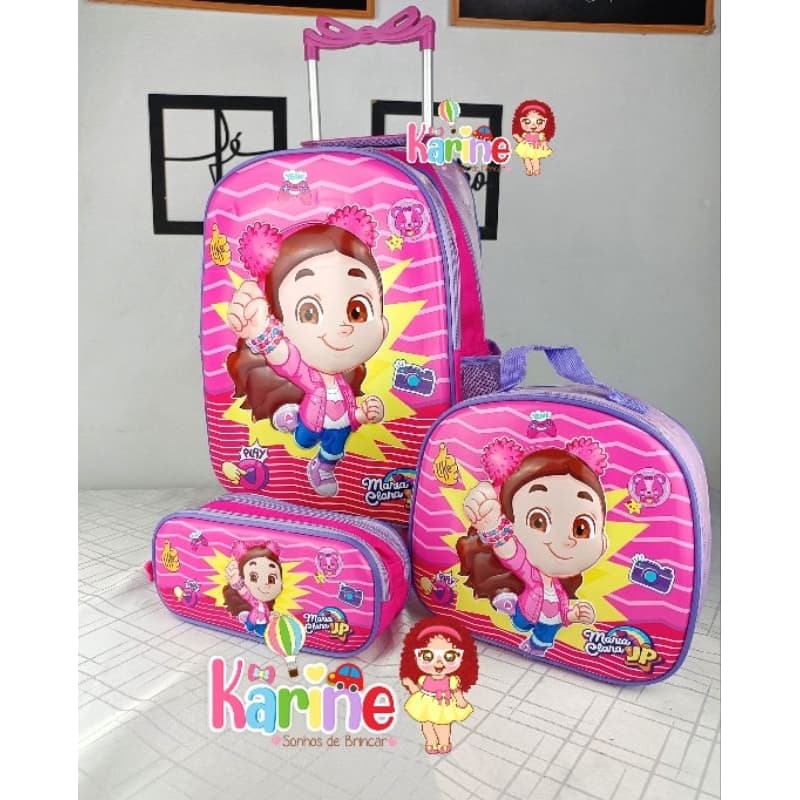KIT MOCHILA ESCOLAR INFANTIL MARIA CLARA E JP 3D DE RODINHAS/MOCHILA+LANCHEIRA+ESTOJO/MOCHILA MENINA/MARIA CLARA E JP 3D