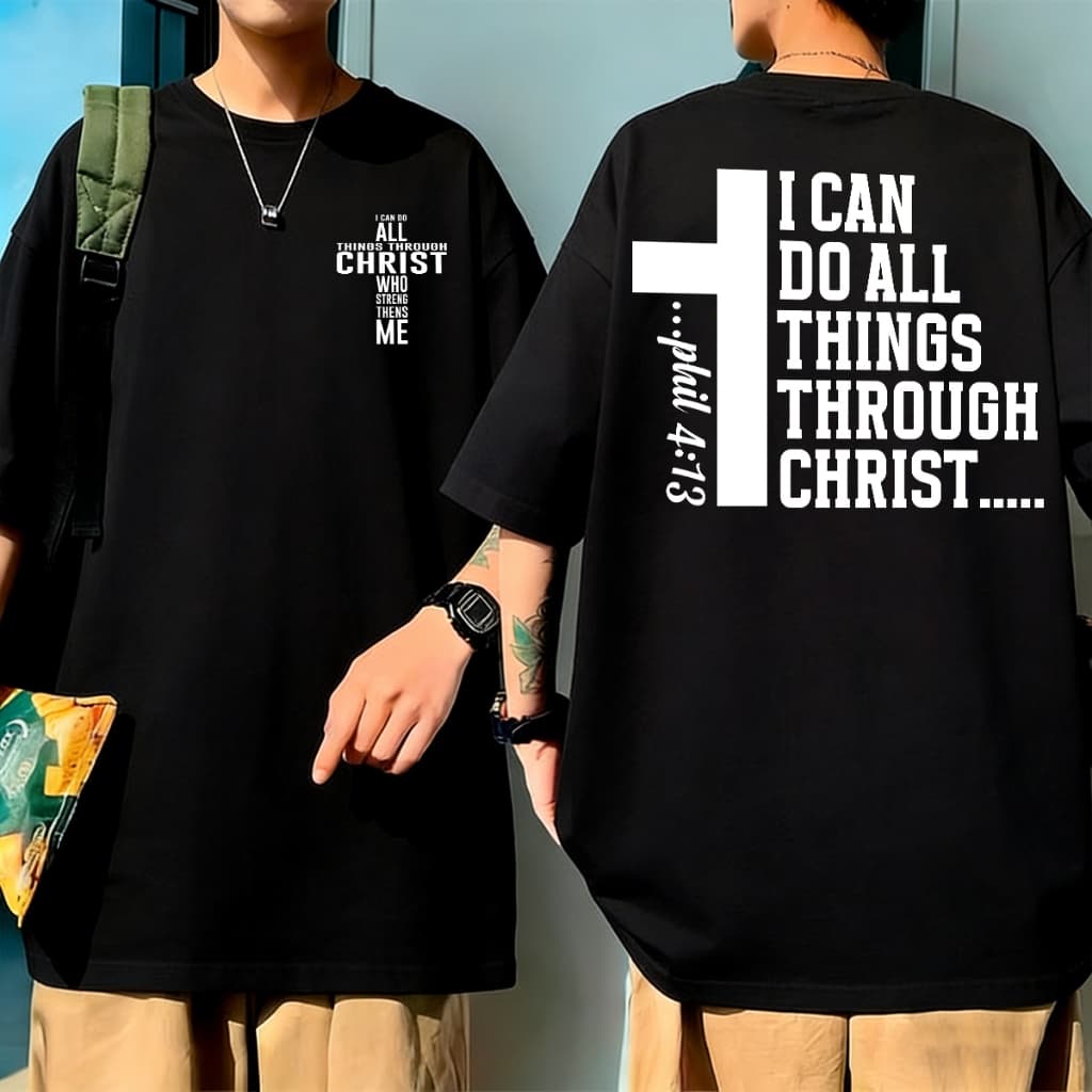 Camiseta unissex Eu posso tudo através de Cristo Roupa larga estilo streetwear