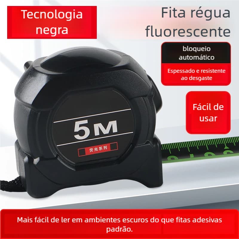 Trena Com Trava Fita Métrica Fluorescente 5/7.5/10M - Profissional 1 ou 2 Peças