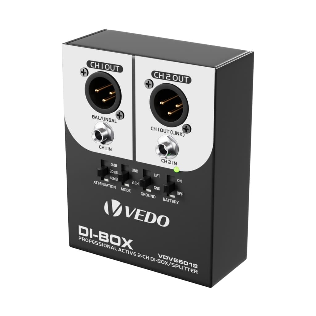 VEDO Di20 Direct Box Ativo DI BOX 2 Canais Profissional 110V/220V com Ground Lift na Saída para Gravação de Estúdio