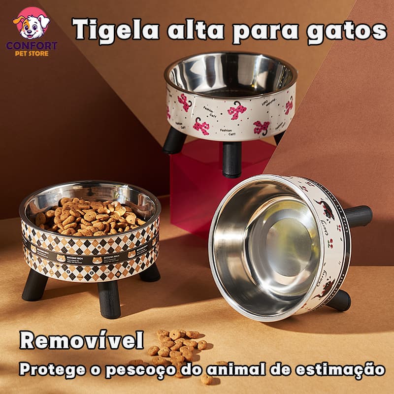 Tigela alta inox para gatos, com pés elevados, ideal para água e ração, protege o pescoço do pet.