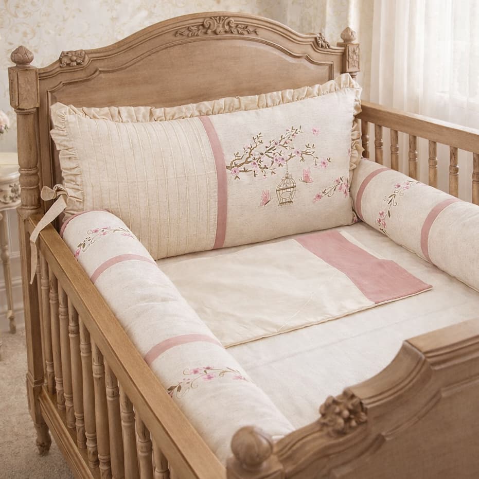Kit Berço Americano Luxo  Flor de Cerejeira Bordado Linho 100% Algodão Vários Modelos Premium Baby