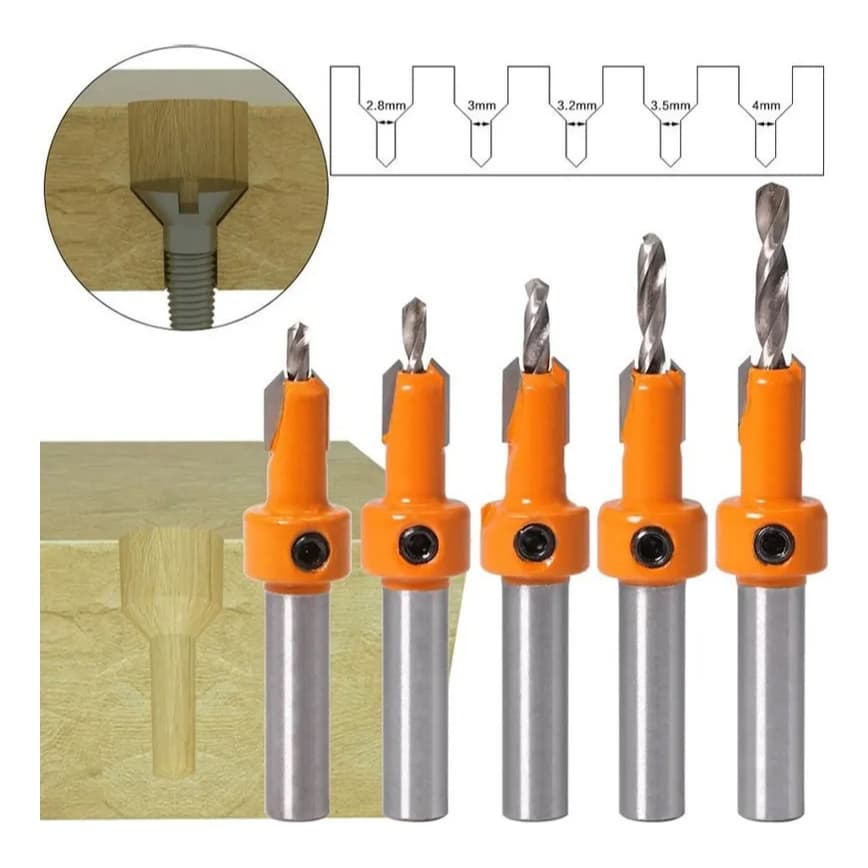 5 Peças Brocas de Rebaixar com Limitador para Parafusos de Madeira de 8mm
