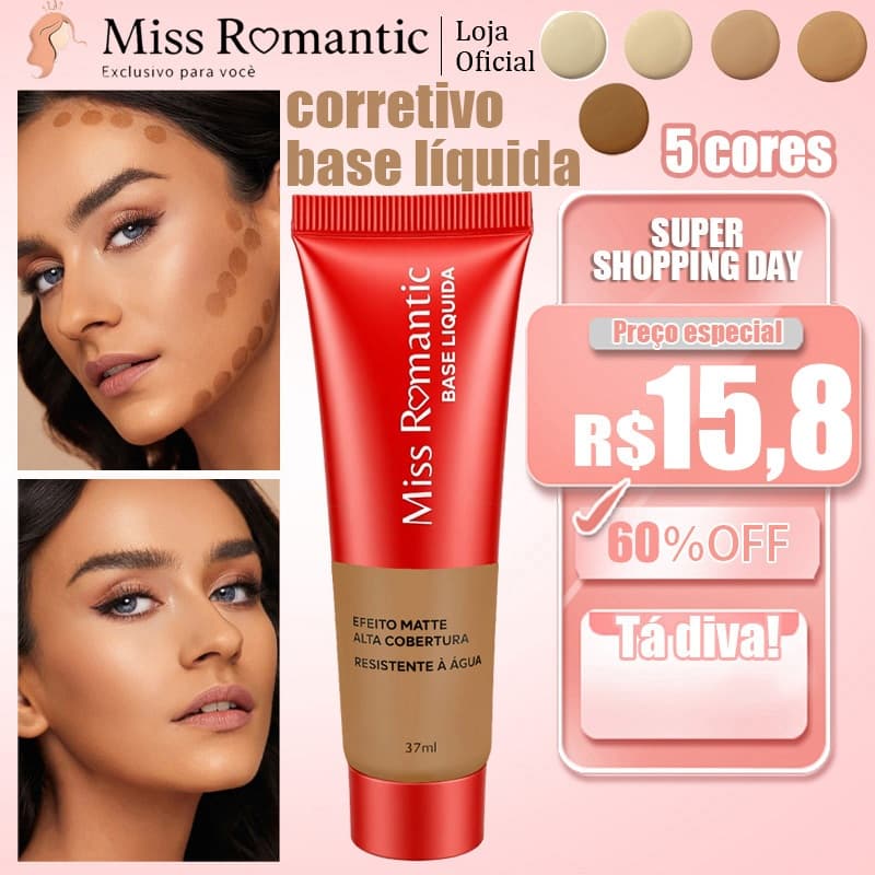 Base Corretiva Miss Romantic 5 Cores - Cobertura Total e Uniformizadora