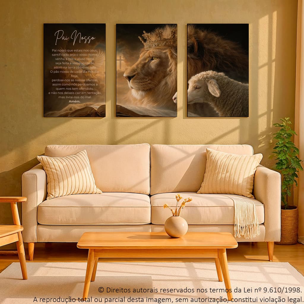 Kit 3 Quadros Decorativos Religioso Pai Nosso Leão Goat e Jesus