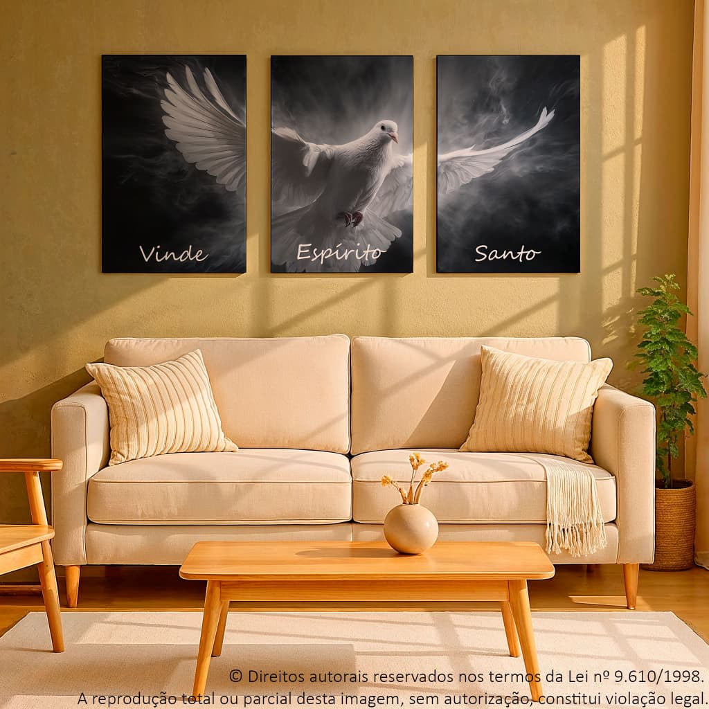 Kit 3 Quadros Decorativos Religioso Pomba da Paz Vinde Espirito