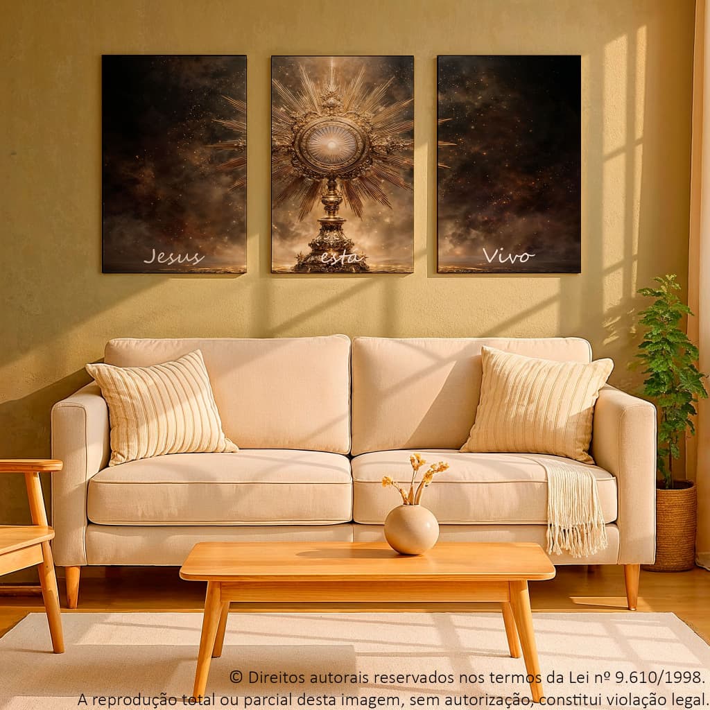 Kit 3 Quadros Decorativos Religioso Santissimo Jesus Está Vivo