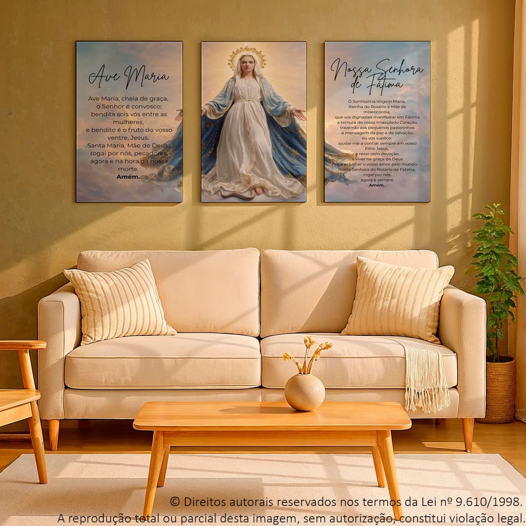 Kit 3 Quadros Decorativos Religioso Ave Maria Nossa Senhora de Fatima