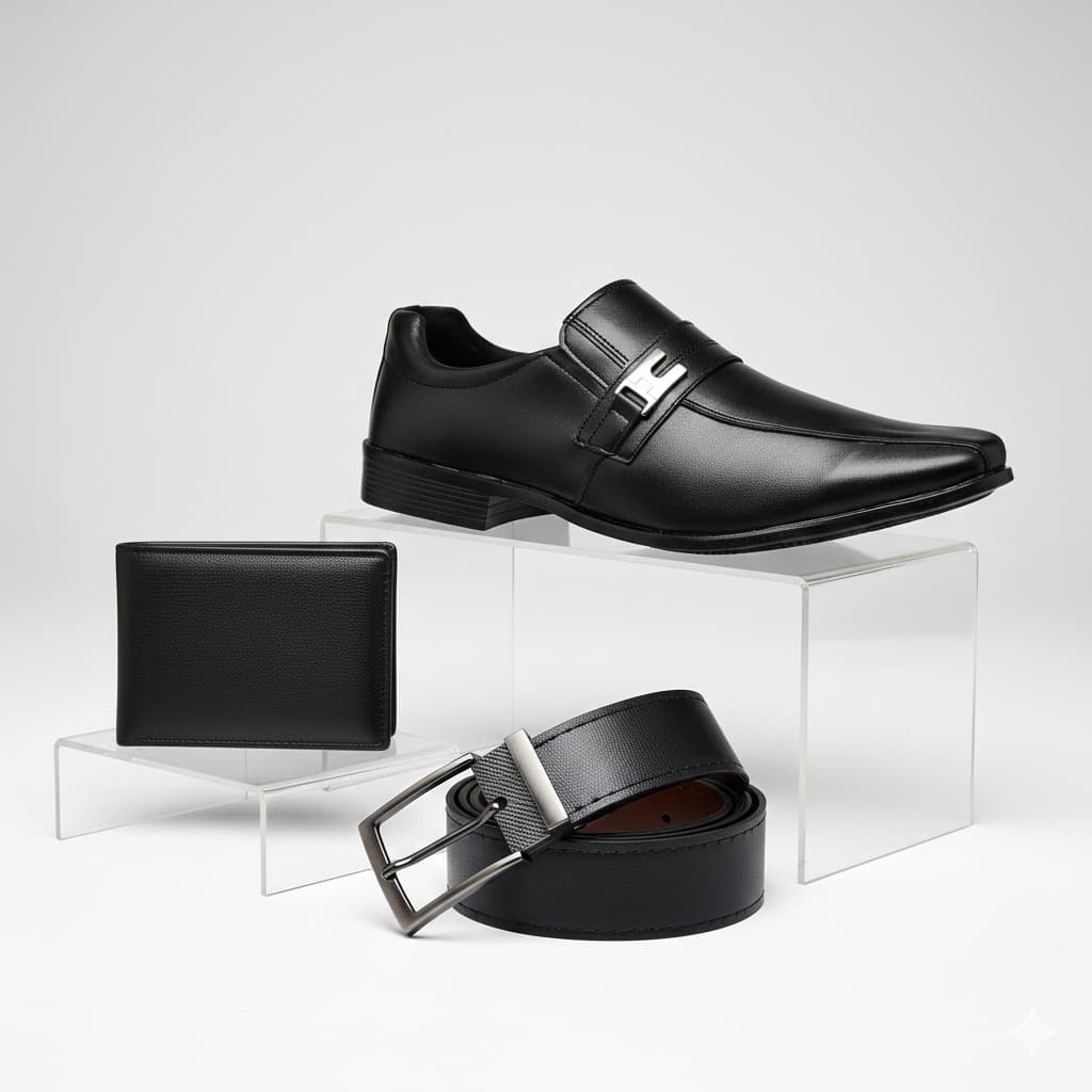 Kit Sapato Social Masculino Cinto Carteira Preto Marrom Couro Mocassim Casual Sapatenis Confortável
