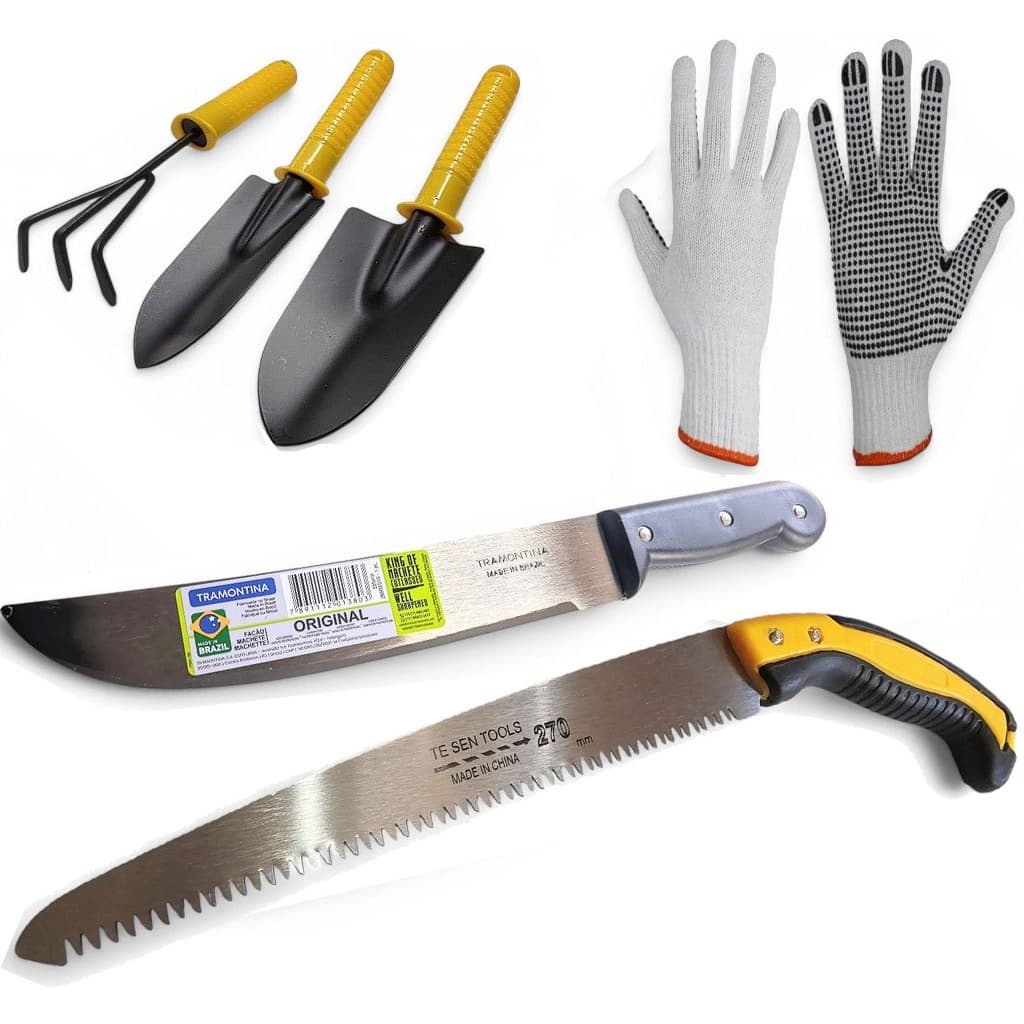 Kit Jardinagem Facão Tramontina 10 pol Ancinho Pazinha Larga Pazinha Estreita Serra / Serrote Luva