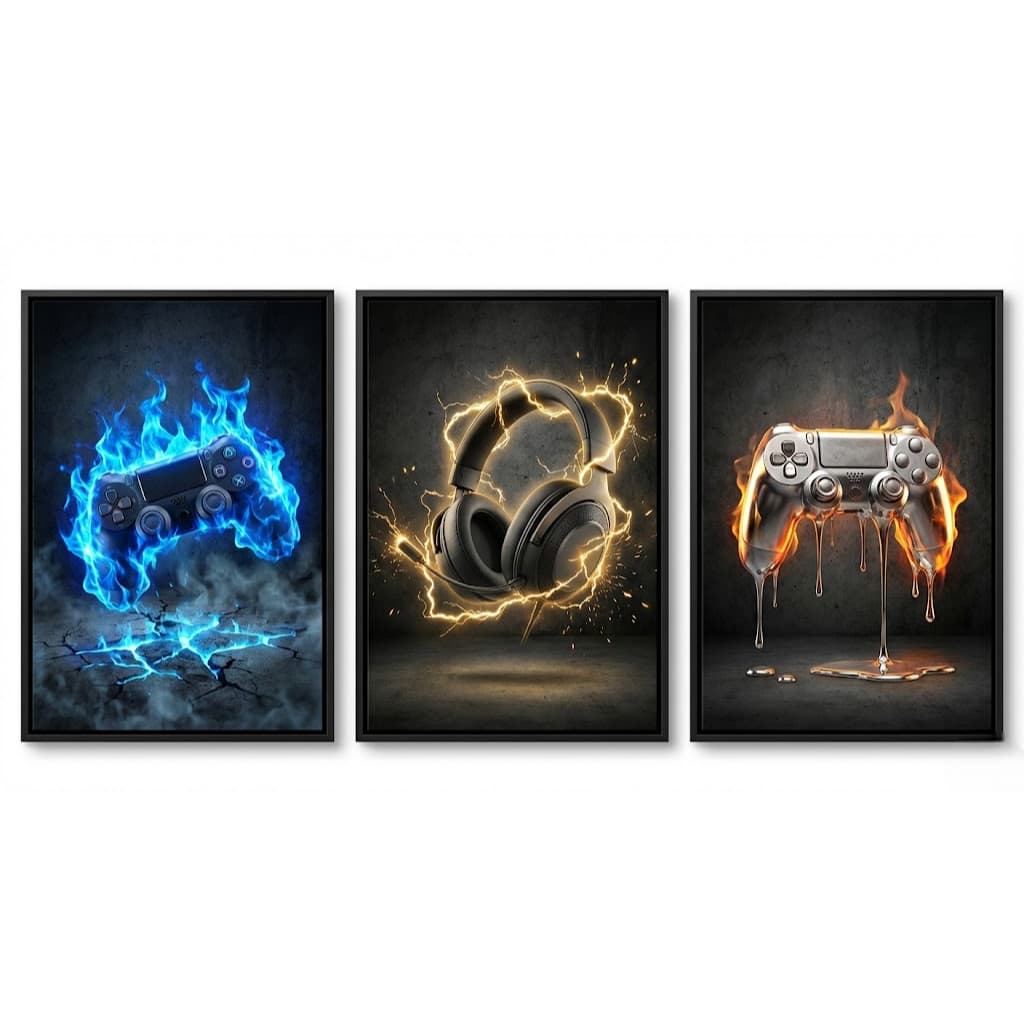 Kit 3 Quadros Gamer Controle Headset RGB Setup Gamer Premium