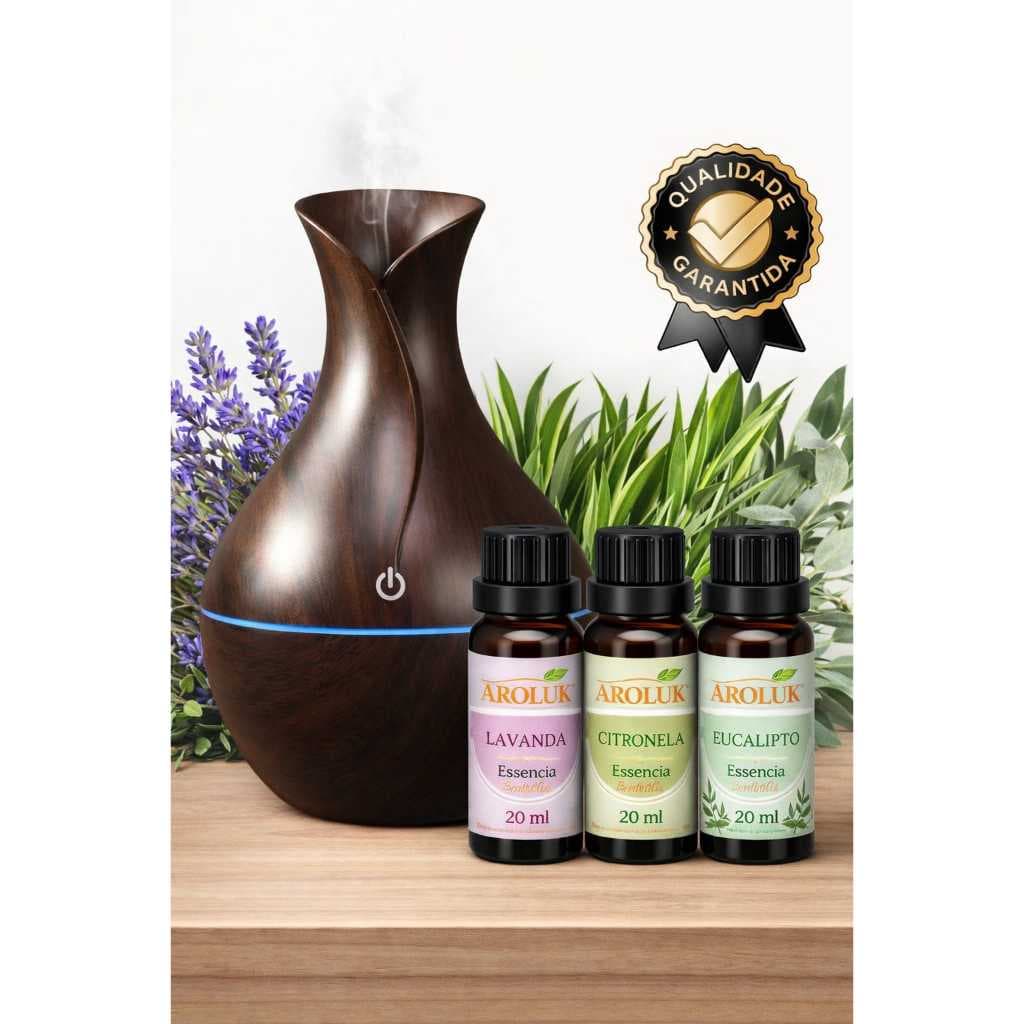 Umidificador De Ar + kit Essências Hidrossolúvel | Difusor Mod Vaso escuro 200ml | Essências 20ml