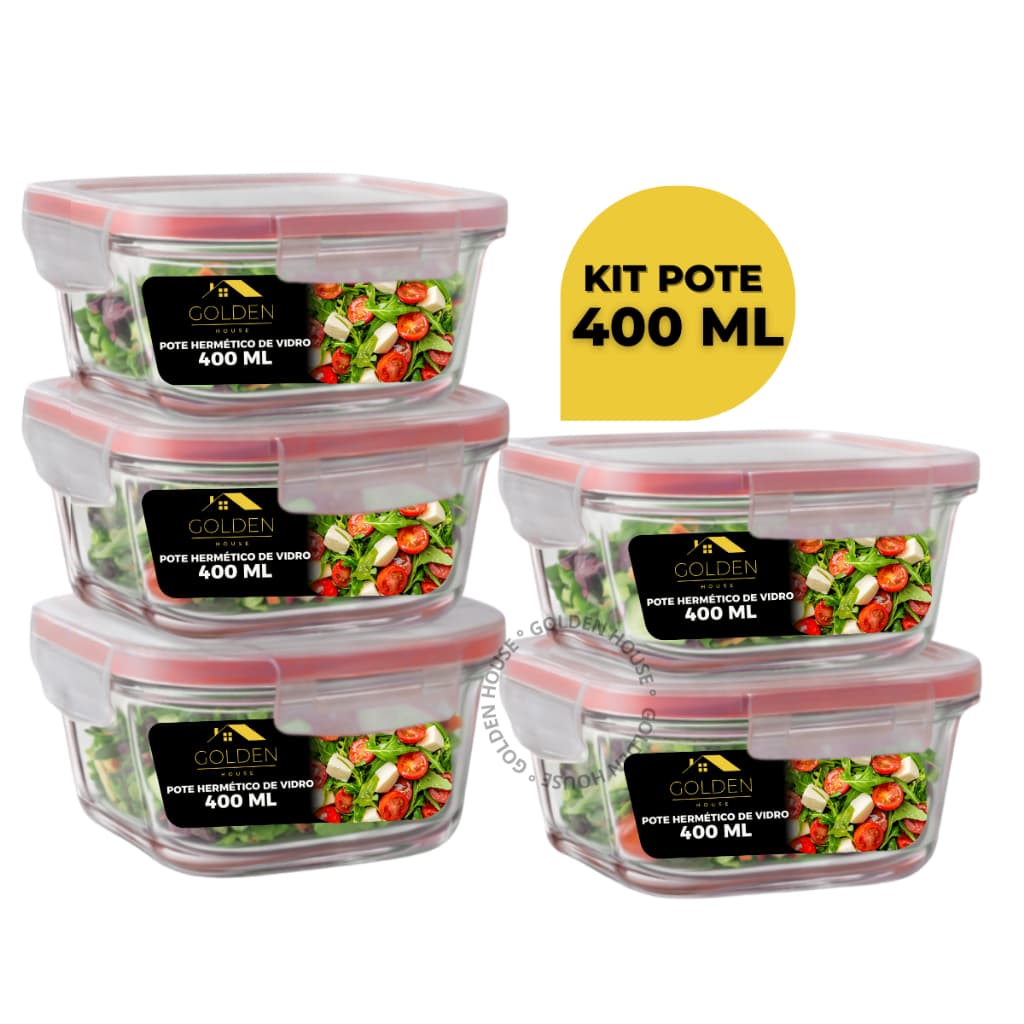 Kit 5 ou 10 Potes Vidro Hermético 400ml Quadrado Premium Marmita Fitness