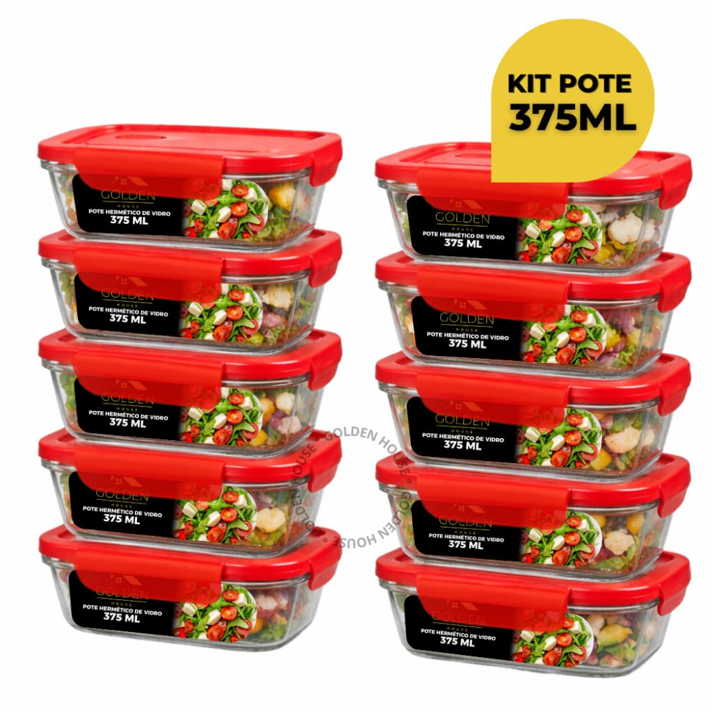 Kit 10 ou 5 Potes Vidro 4 Travas 375ml Hermético  Retangular Marmita Premium
