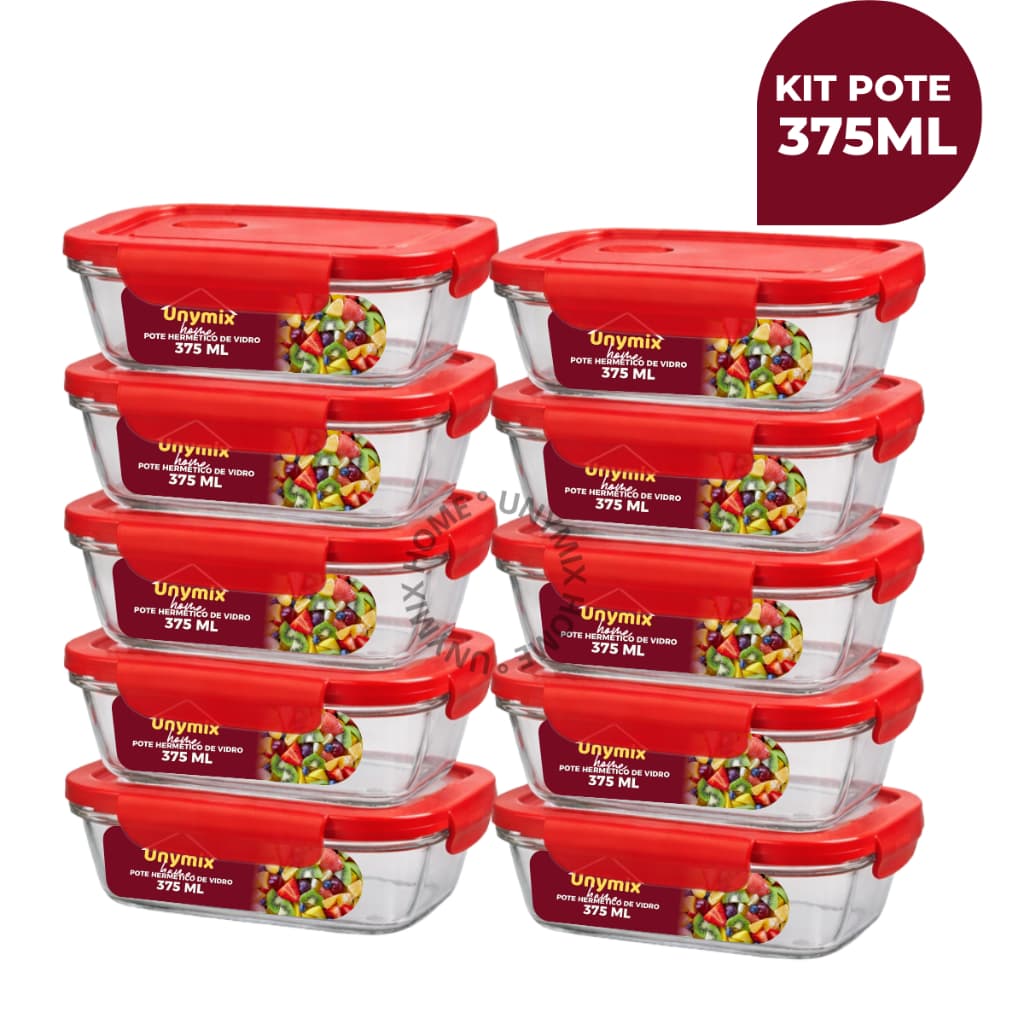 Kit 10 ou 5 Potes Vidro Hermético 375ml Retangular 4 Travas Premium - Vermelho