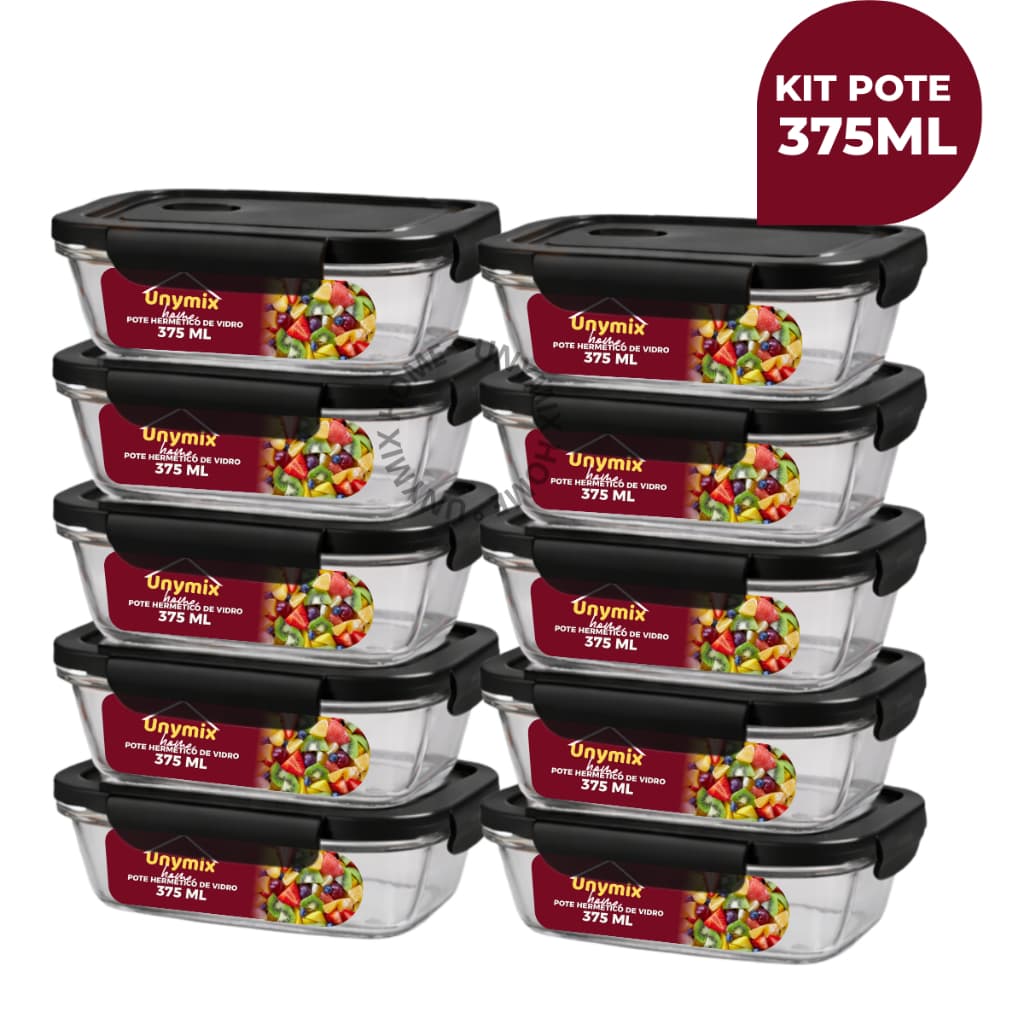 Kit 10 ou 5 Potes Vidro Hermético 375ml Retangular 4 Travas Marmita Premium Preto