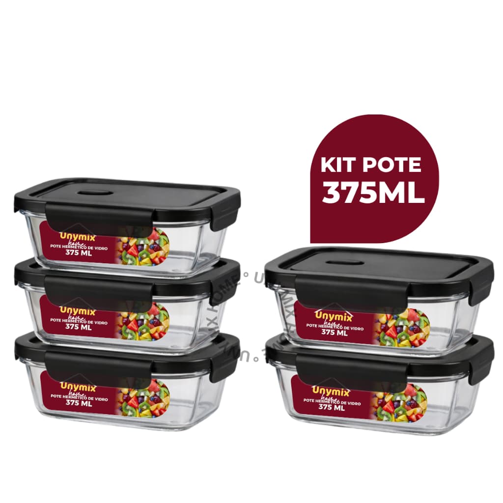 Kit 5 ou 10 Potes Vidro Hermético 375ml Retangular 4 Travas Marmita Premium Preto