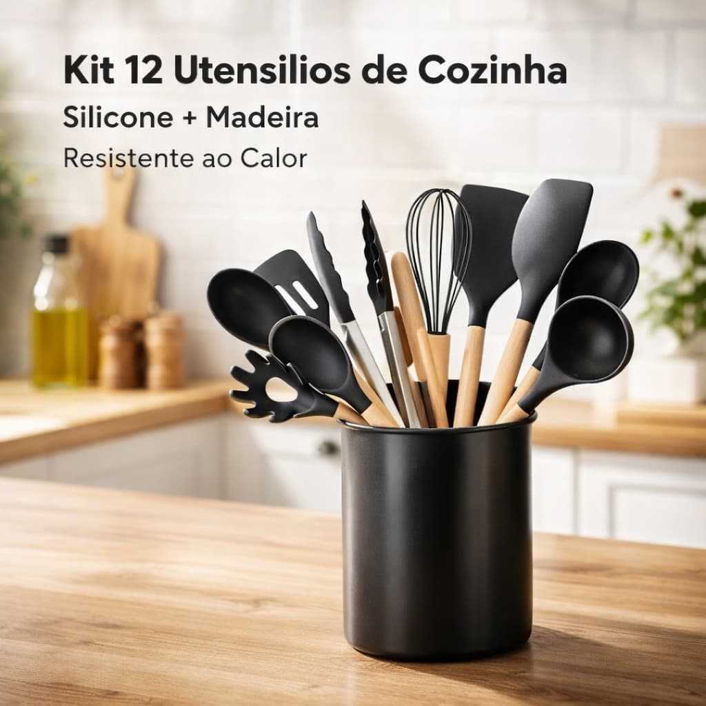 Kit 12 Pecas Utensilios Cozinha Silicone Resistente Calor Cabos Madeira Antiaderente Preto Luxo
