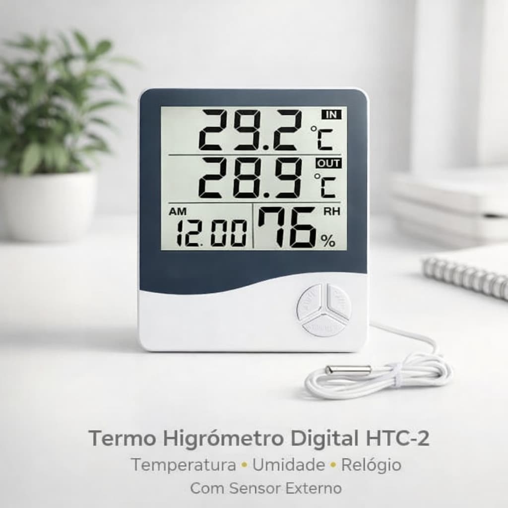 Termo Higrometro Relogio Digital Medidor Temperatura Umidade Ar HTC-2 Visor LCD Precisao Alta
