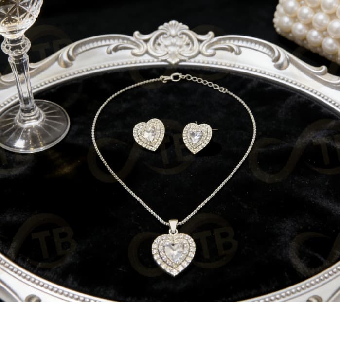 TB Feminino Conjunto Colar e Brincos Femininos Coração com Zircônia Dourado ou Prata