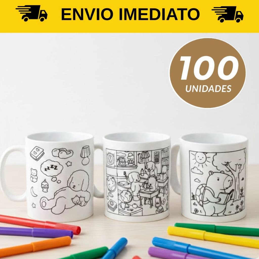 Kit 100 Caneca Infantil para Colorir Volta às Aulas Educativa Interativa Brinde Lembrancinha Canetinhas Laváveis