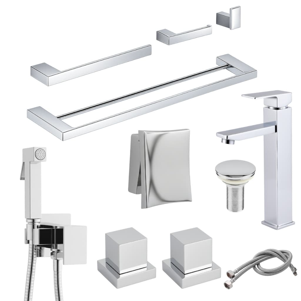 Kit Acessórios Banheiro Cromado + Torneira Monocomando Alta + Ducha Higiênica + Acabamento Descarga