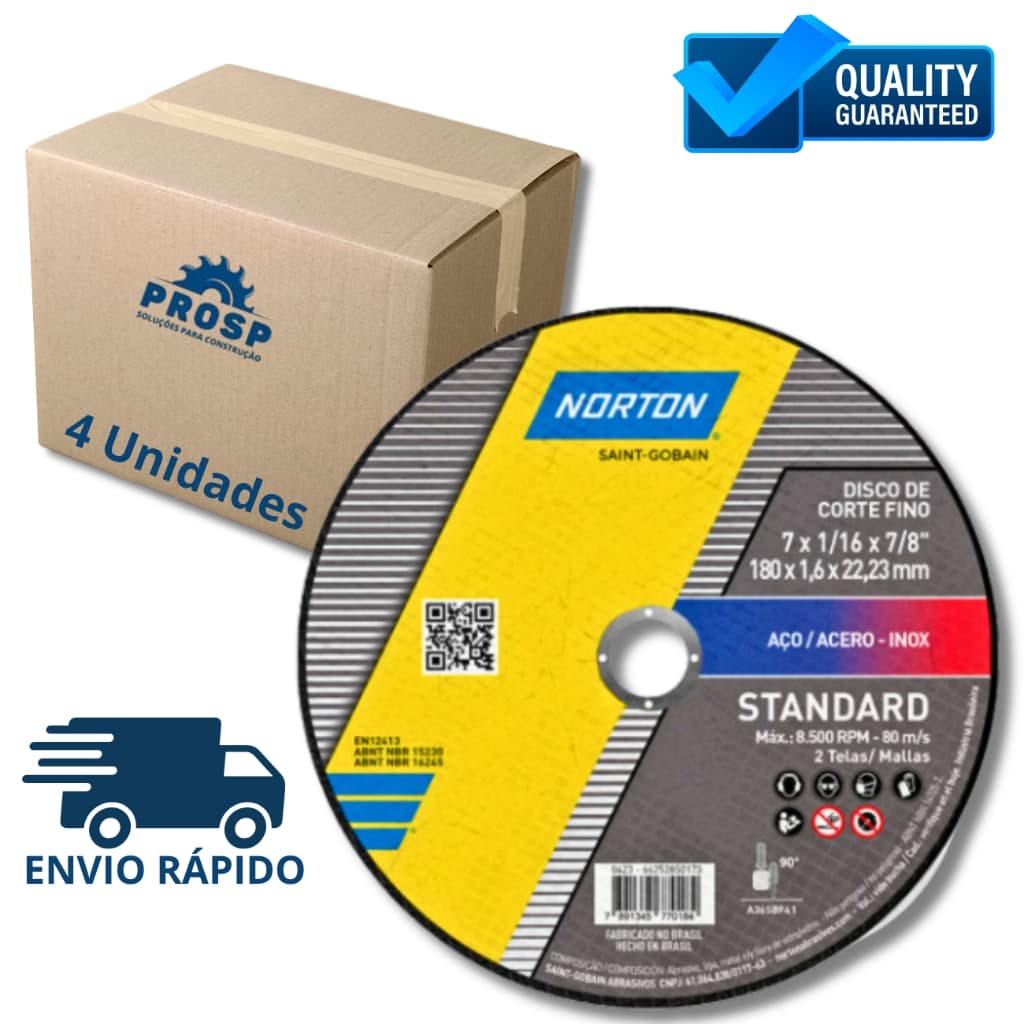 Kit 4 Disco de corte para metal e inox 7 x 1,6 x 7/8" Standard Norton