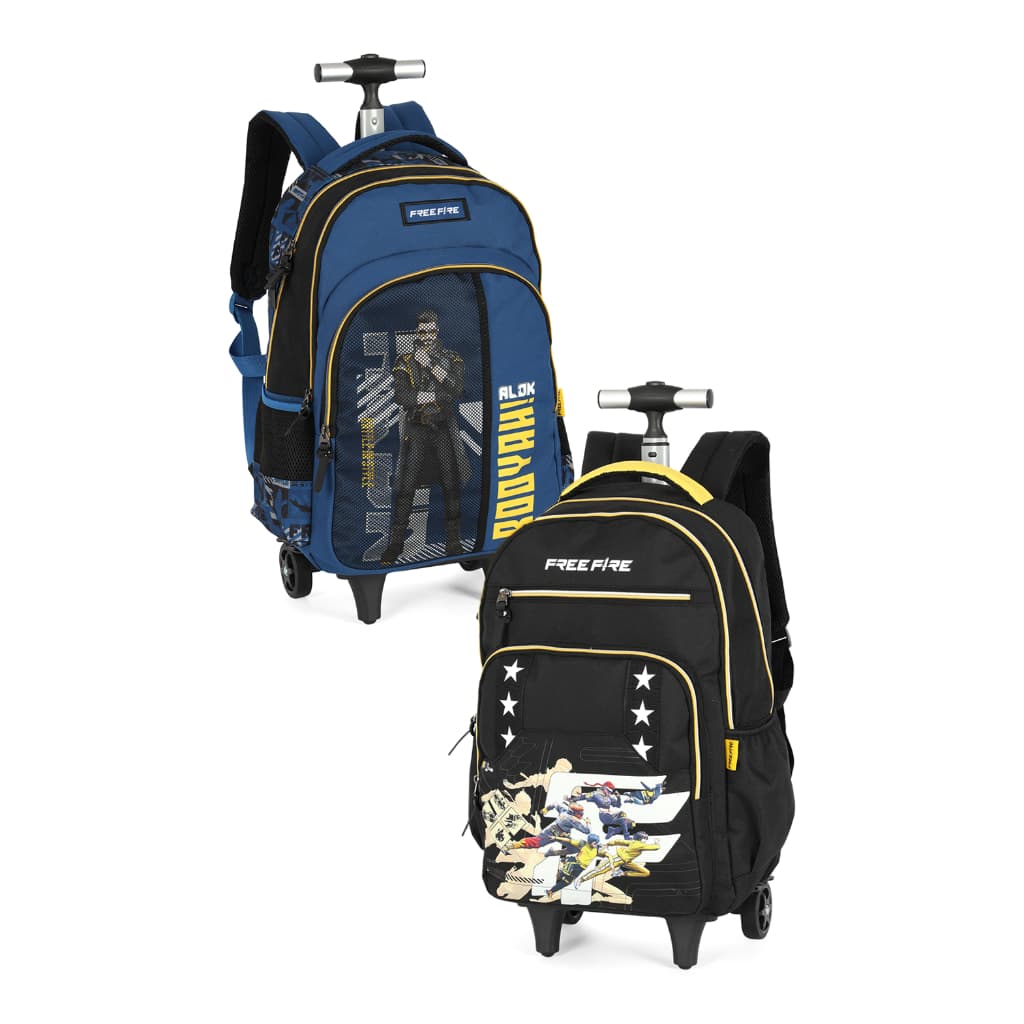 Mochila Carrinho Free Fire Escolar Gamer Masculina Preta e Azul