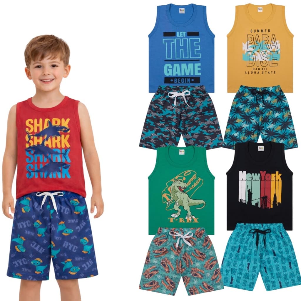 Conjunto Infantil Menino Regata e Bermuda Verão -  Kit 2 Peças de Roupas Econômico