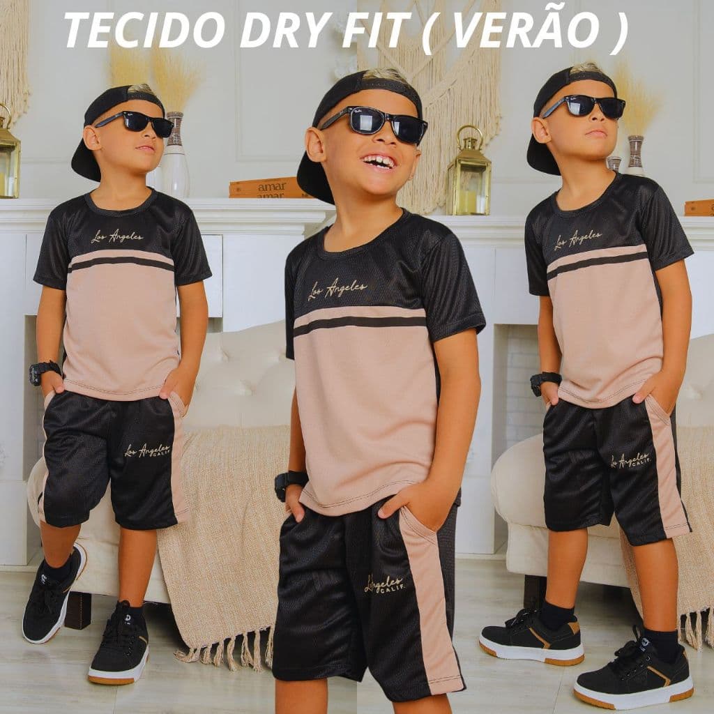 Roupa De Menino Verão Dry Fit Kit Duas Peças Lançamento Camisa e Bermuda Veste Do 2 ao 14 Anos