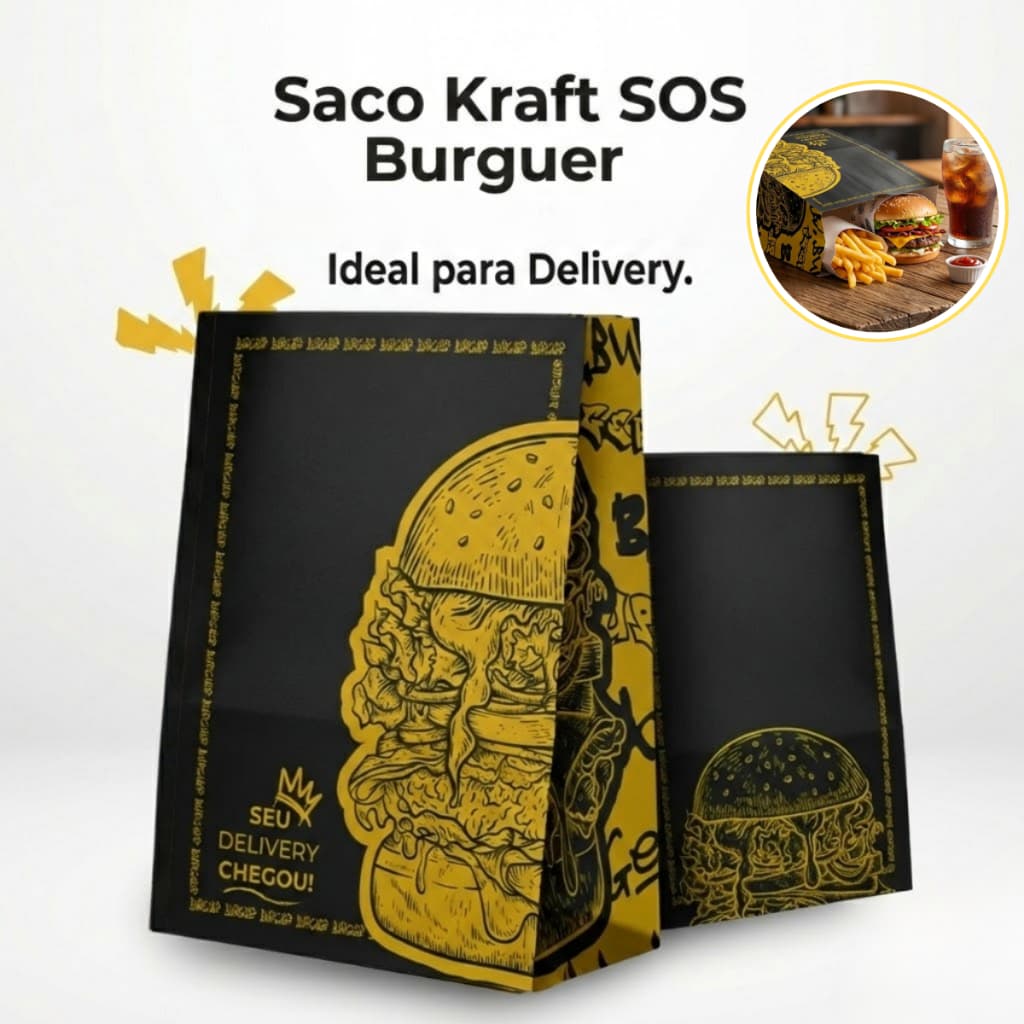 Sacos Papel Kraft Embalagem Delivery Burguer Lanches Fritas Salgados Hamburgueria Tamanho M ou G