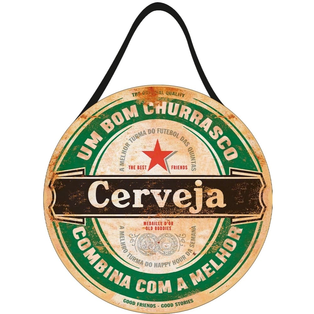 Placa Decorativa com Alça de Couro Redonda 29x20cm Um Bom Churrasco