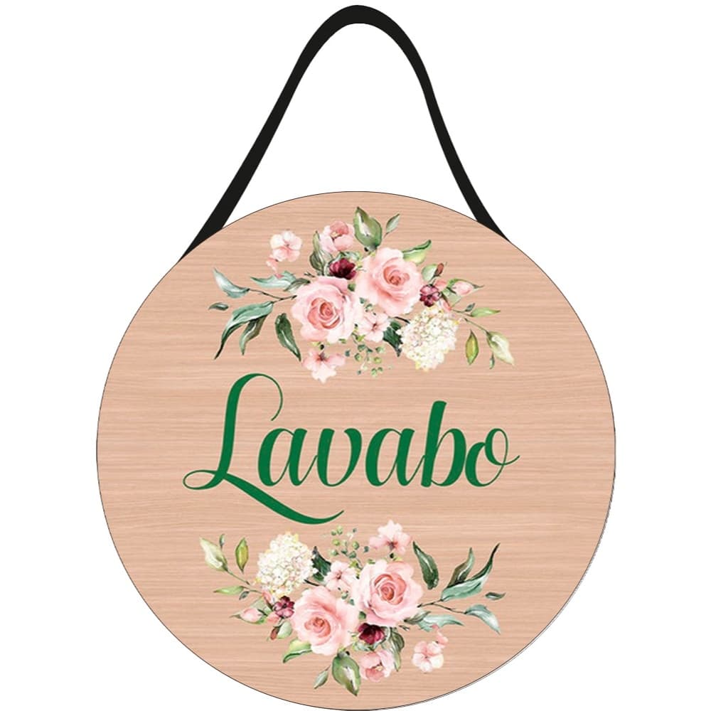 Placa Decorativa com Alça de Couro Redonda 29x20cm Lavabo