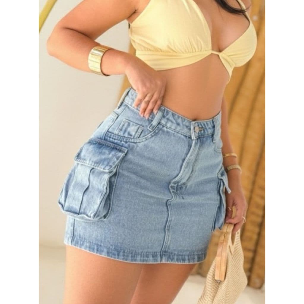 Mini Saia Jeans Cargo Cintura Alta 100% Algodão