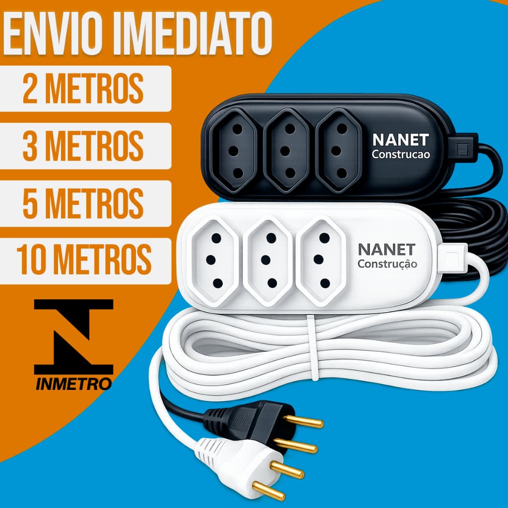 Extensão elétrica de Energia 3 Tomadas Bivolt 10AP 2 Á 10 Metros