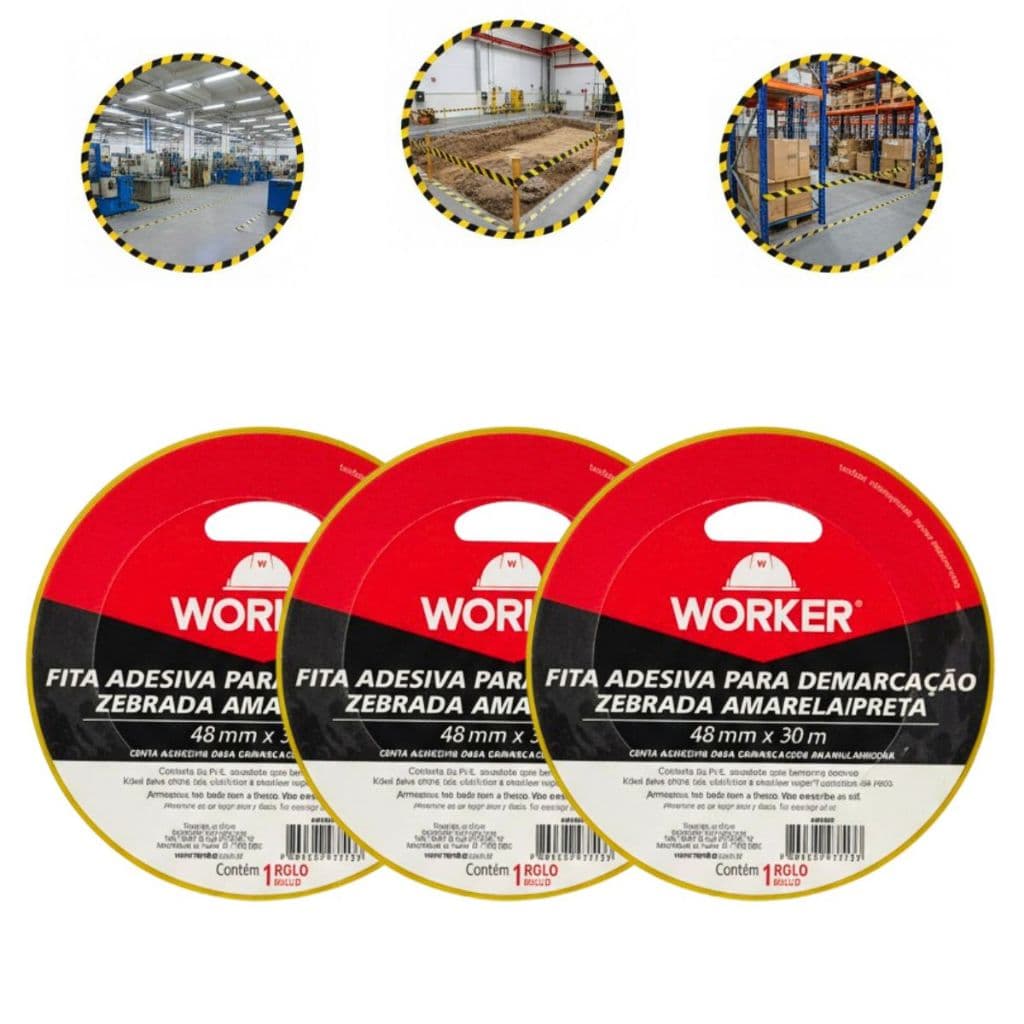 3 Fitas Demarcação Solo Aderente Pvc 48mm X 30mt Zebrada Worker