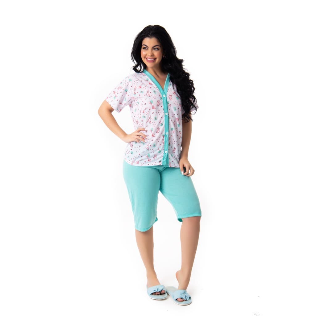 Pijama Feminino Pescador Bermuda de Manga Aberto Botões Maternidade Amamentar Pós Cirúrgico Senhora