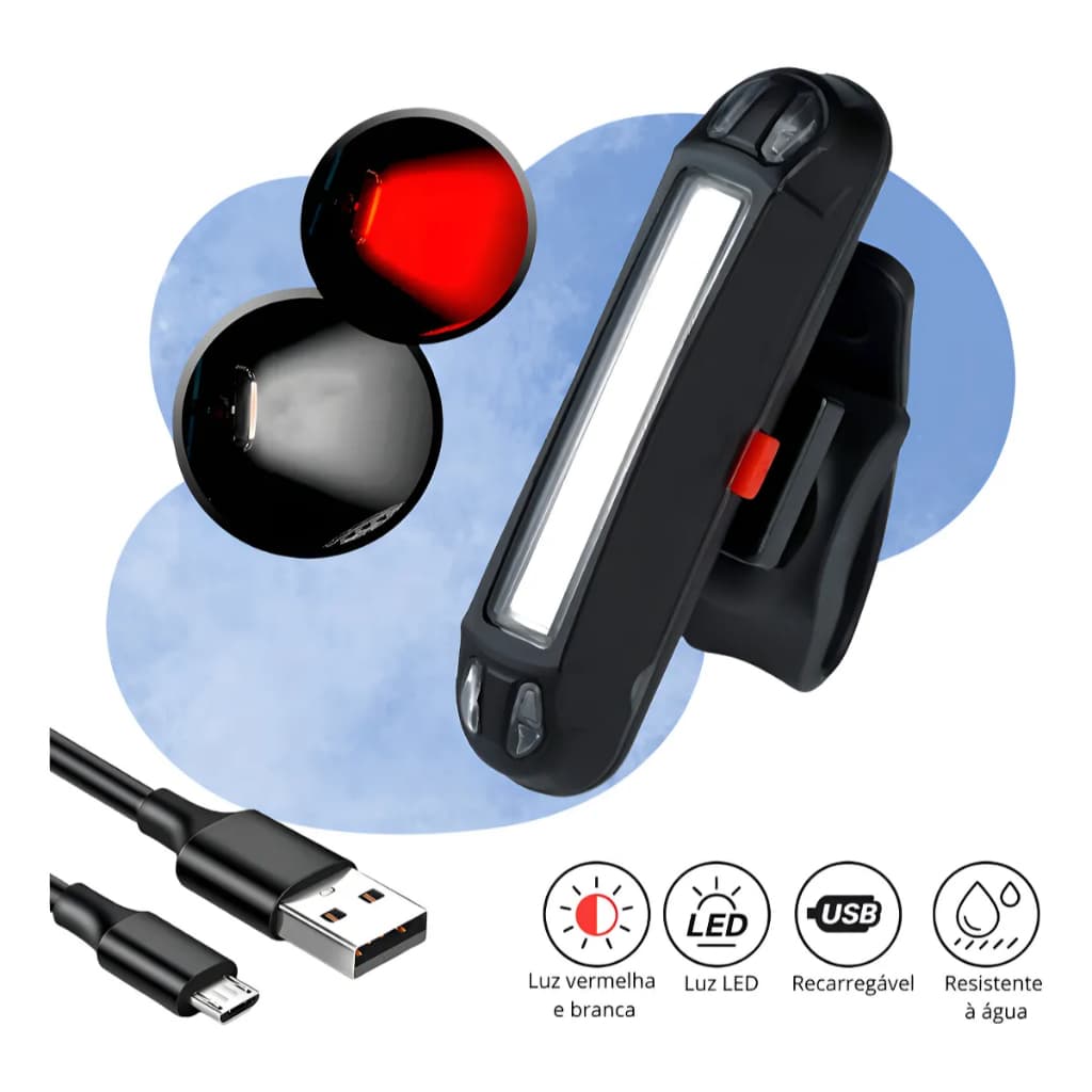 Lanterna Traseira Bike LED YBF Recarregável 5 Modos Preto USB